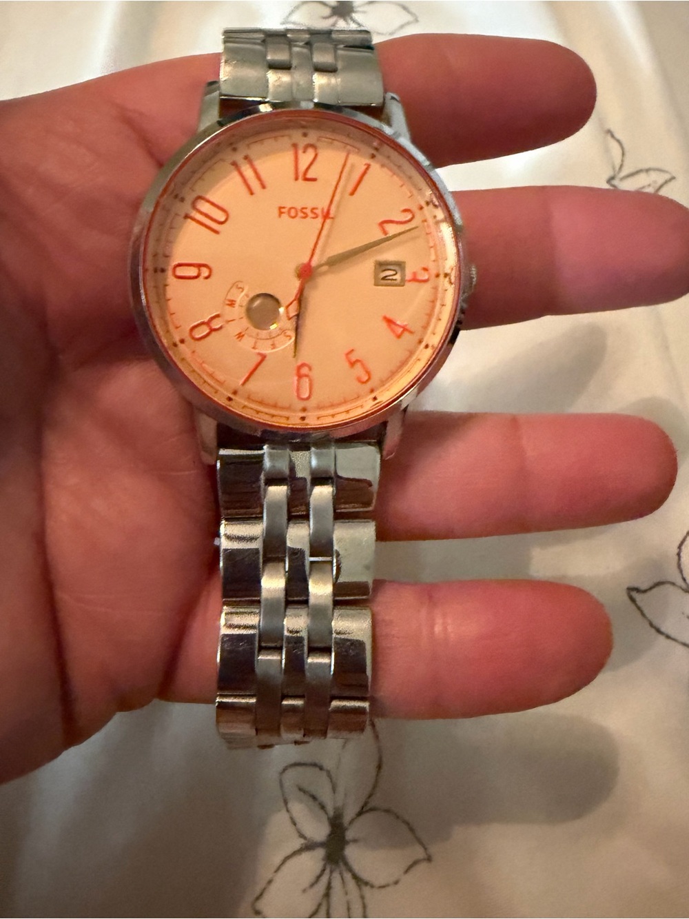 Fossil Silver Bracelet Watch with Peach Dial and Orange Accents